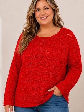 Chico's Odette Cotton Blend Pointelle Fan Lace Sweater Bright Red Coral Size 3
